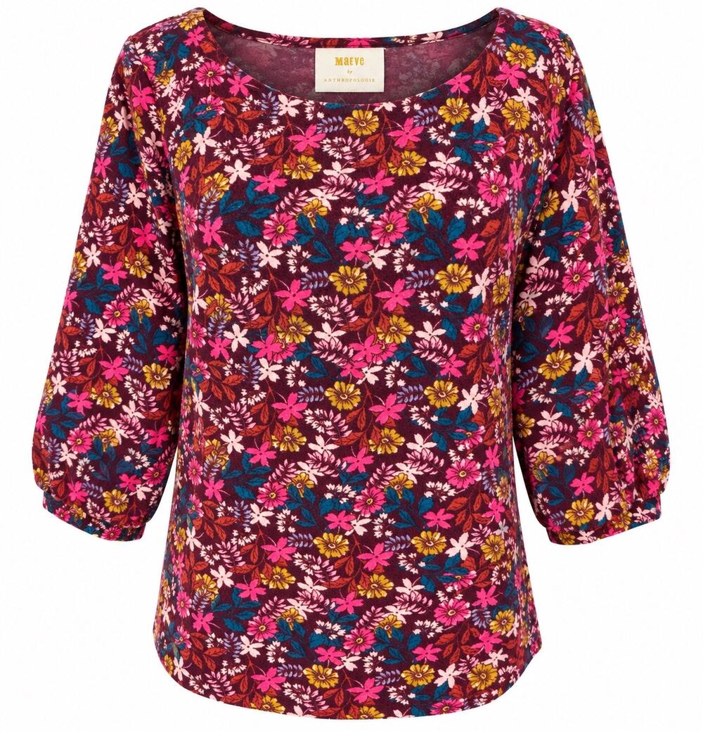 Maeve Anthropologie Floral Top Medium Burgundy Pink Boho 3/4 Sleeve Top